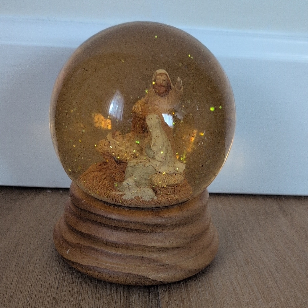 Nativity Scene Snow Globe with Wooden Base